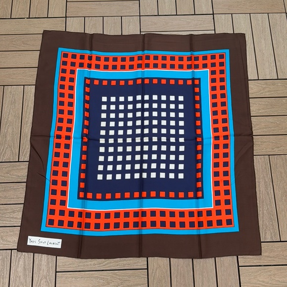 Vintage Yves Saint Laurent silk orange, brown, blue square scarf - Picture 5 of 7